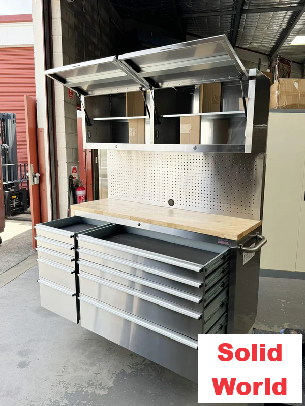 56'' 10-Drawer Stainless Steel Pegboard Toolbox With Overhead Cabinet