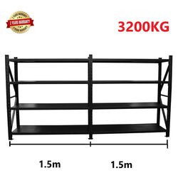 3.0m(W)x2.4m(H)x0.6m(D) 3200kg Heavy Duty Connecting Shelving BLACK